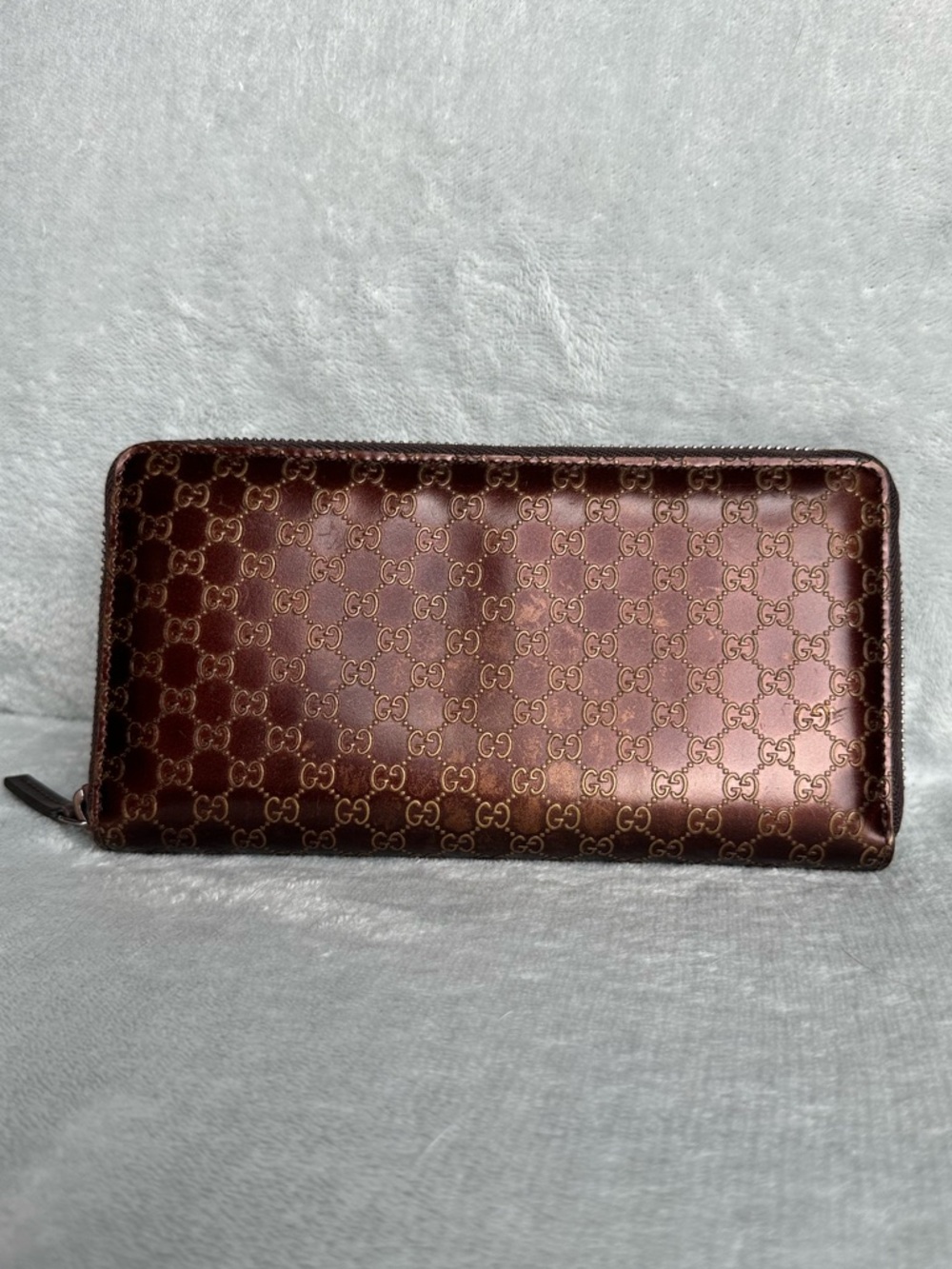 Gucci Brown Copper Guccissima Micro GG Patent Leather Zip Around Wallet